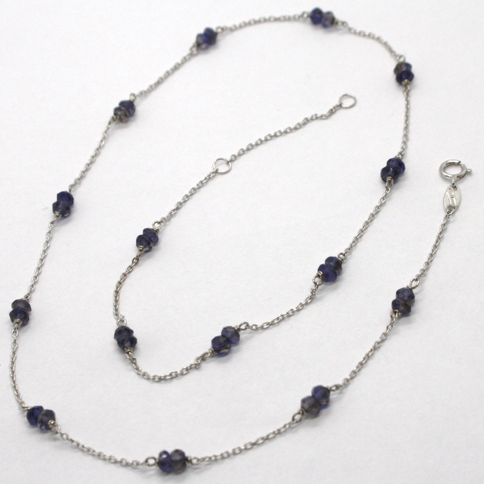 18K WHITE GOLD NECKLACE ROLO ROUND CHAIN ALTERNATE WITH FACETED BLUE IOLITE - £213.31 GBP