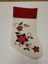 Christmas Stocking Lightweight Burlap Style with Felt Backing Poinsettia 16 in - £5.44 GBP