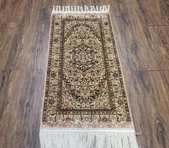 Silk Oriental Rug 1&#39; 7&quot; x 3&#39; Very Fine Carpet Small Traditional Floral Medallion - £379.71 GBP