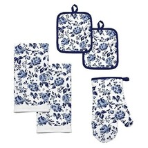 Floral Blooms Kitchen Towel Set 5-Pc Pot Holder Oven Mitt Navy Blue White NEW - £18.10 GBP