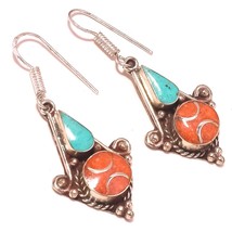 Tibetan Turquoise Coral Handmade Bohemian Jewelry Earrings Nepali 2" SA 1963 - $5.99
