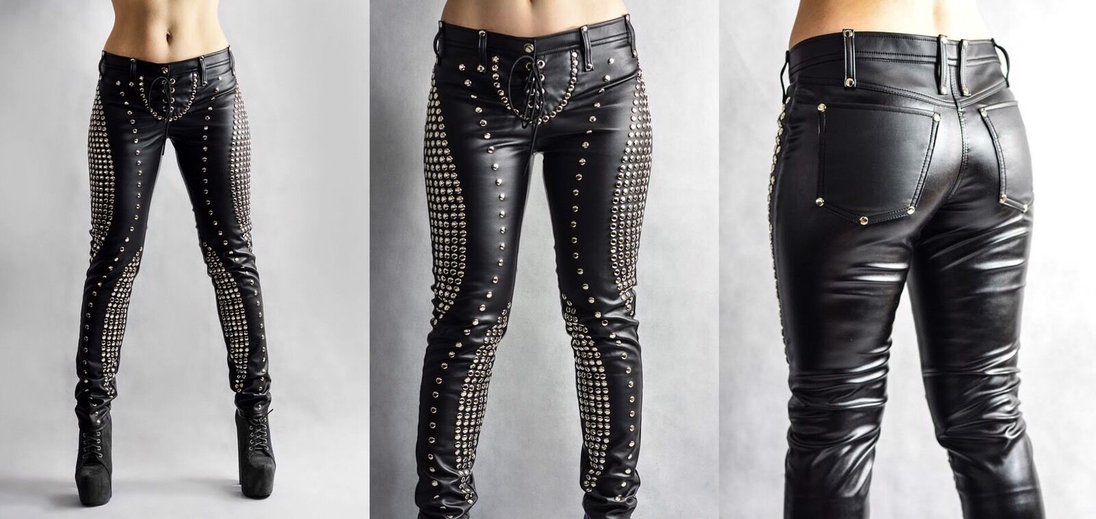 Women Slim Fit Silver Studded  Genuine Black  Leather  Pants Mono ectric