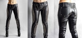 Women Slim Fit Silver Studded  Genuine Black  Leather  Pants Mono ectric - £173.27 GBP
