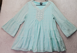 Cal Style Boho Top Womens Medium Blue Pleated Lined Cotton Embroidered N... - $22.15