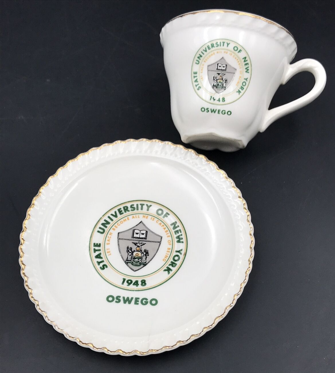 Primary image for VTG 1948 State University of New York Oswego Crest Tea Cup & Saucer w/ Gold Rim