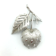 CROWN TRIFARI vintage strawberry brooch - 2&quot; brushed silver-tone berry leaf pin - £24.11 GBP