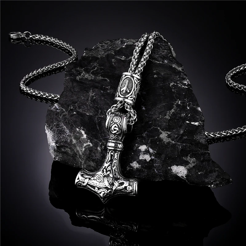 Norse Vis Thor&#39;s Hammer Mjolnir Scandinavian Rune Amulet Neck Stainless Steel Ch - £80.10 GBP