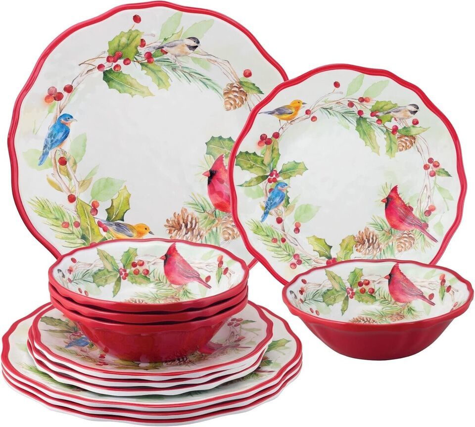 12-Piece Winter Birds Design Melamine Dinnerware Set, Service for 4 - $67.79