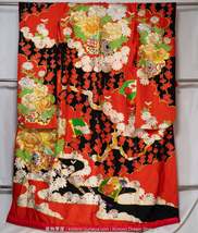 Vintage Red &amp; Black Polyester Irouchikake - Traditional Japanese Wedding Kimono  - £146.31 GBP