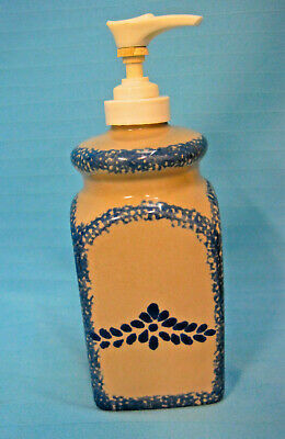 Loomco China Ceramic Soap Lotion Dispenser Blue Sponge-Ware Tan Blue Flowers  - £19.63 GBP