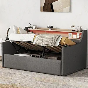 Linen Fabric Upholstered Daybed With Storage Headboard, Twin Size Daybed... - $659.99