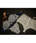 Victoria's Secret 34C BOMBSHELL BRA SET+S,M SHORTS+panty WHITE lace navy blue - $148.49