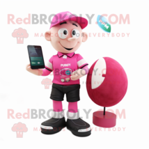 Pink Plum mascot costume character dressed with a Rugby Shirt and Wallets - £946.10 GBP