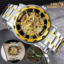 Luxury Men&#39;S Gold Skeleton Automatic Mechanical Watch Stainless Steel Waterproof - £31.87 GBP
