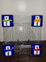 Fused Art Glass Christmas Snowman Square Plate Artist Signed - £12.46 GBP