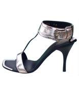 Donald Pliner Silver Metallic Leather Shoe New Wide Ankle Strap  Sandal ... - $142.00
