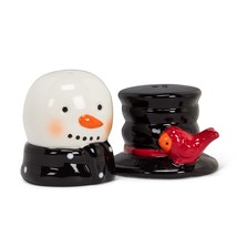 Christmas Snowman Salt Pepper Shakers Black Top Hat Cardinal 4.75" High Ceramic image 2