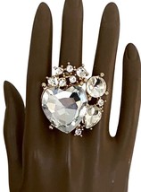 1.75&quot; Clear Heart Crystals Adjustable Statement Big Chunky Cocktail Party Ring - £16.95 GBP