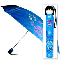 Kokeshi Doll Umbrella Blue Folding W Hard Case Geisha Girl Japanese Lady China - $12.95