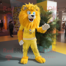 Yellow Lion mascot costume character dressed with a Skinny Jeans and Shoe clips - $1,239.00