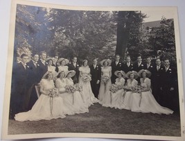 Vintage Large Wedding Party Posing Outside Black &amp; White Photo 1950s - £4.63 GBP