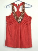 Vila Milano Sequence Razor Back Bling MEDIUM V-Neck Coral Tank Top - £10.12 GBP