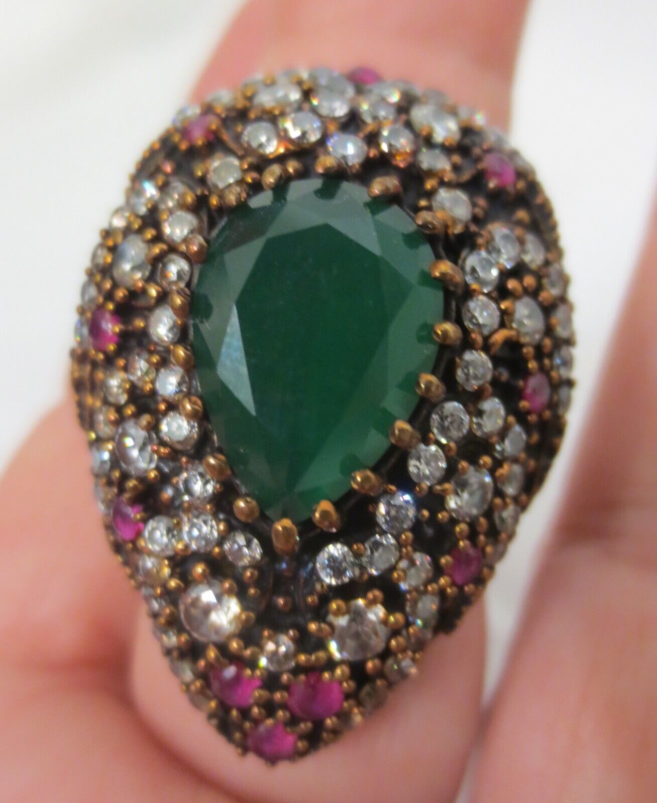 Primary image for Amazing huge Sterling Bronze Green Agate Ruby Caged set Vtg Cocktail Ring Sz 8.5