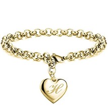 Initial Charm Gold-Color Bracelets Stainless Steel Heart 26 Letters Alphabet Bra - £9.50 GBP