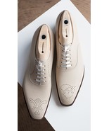Oxford Shoes Men&#39;s Beige COW Leather Brogue Toe Premium Quality Handcraf... - £109.66 GBP