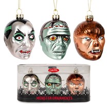 Monster Ornaments Set Of 3 Dracula Frankenstein Wolfman Glass Christmas Tree New - £23.93 GBP