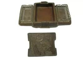 Vintage 1950&#39;s Art Deco Glass Desktop Ashtray with Wood Composite Card Holder - $123.75