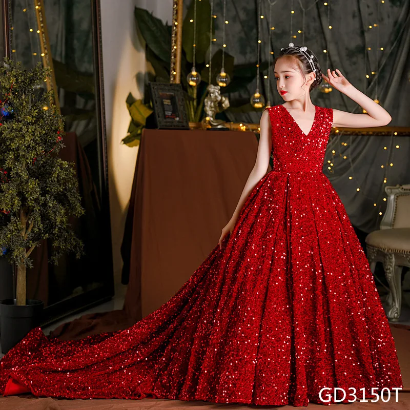 Wine Red Sequin Flower Girl Pageant  Dresses Long Puffy Prom Formal Birthday Par - $127.67