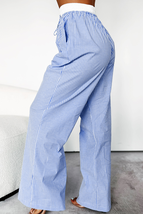 Sky Blue Stripe Wide Leg Buttoned Lace up Elastic High Waist Pants - $319.31 MXN
