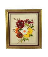 Vintage 1976 Handcrafted Floral Needlepoint Artwork In Wooden Frame Crewel - £26.13 GBP