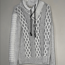 Elegant Gray and White Turtleneck Sweater with Cable Knit Design - $19.60