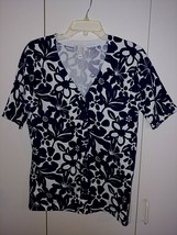 DENIM &amp; COMPANY LADIES SS BUTTON CARDIGAN-S-NWOT-COTTON/NYLON-WHITE/NAVY... - $13.99
