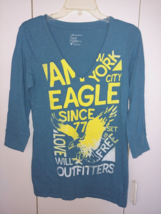 American Eagle Ladies Ls Blue &quot;Love Will Set Us Free&quot; V-NECK TEE-L-EUC-COMFY - $5.89