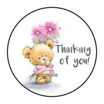 30 Thinking Of You Envelope Seals Labels Stickers 1.5&quot; Round Teddy Bear Flowers - £5.85 GBP
