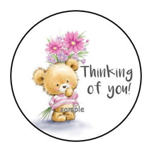 30 Thinking Of You Envelope Seals Labels Stickers 1.5&quot; Round Teddy Bear Flowers - $7.49