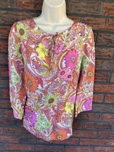 Talbots Floral Blouse Small 100% Silk 3/4 Sleeve V-Neck Shirt Front Tie Top - $23.75