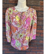 Talbots Floral Blouse Small 100% Silk 3/4 Sleeve V-Neck Shirt Front Tie Top - £18.68 GBP