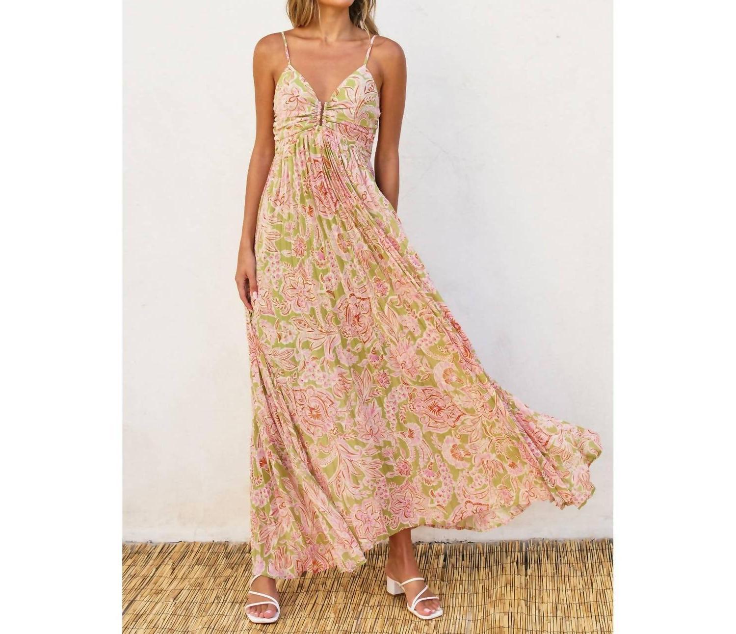 Dress Forum Lilly Bloom Pleated Maxi Dress Green And Mauve - $64.00