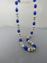 Vintage Plastic Flower Necklace 29&quot; Long Beaded Blue Baroque White Petals Enamel - £23.62 GBP