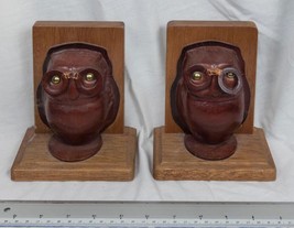 Vintage Book Ends Mid Century Wood &amp; Leather Owl Pair Mjb-
show original... - $79.35