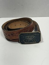 Vintage Wells Fargo &amp; Co. Embossed Leather Belt Brown &amp; Belt Buckle 1852 Size 44 - £38.37 GBP