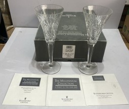 VTG Waterford Crystal Millennium HAPPINESS Toasting Flutes PAIR With Box - £78.21 GBP