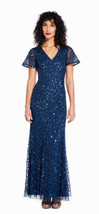 Adrianna Papell Deep Blue Sequin Mermaid Dress with Sheer Flutter Sleeves - £177.82 GBP