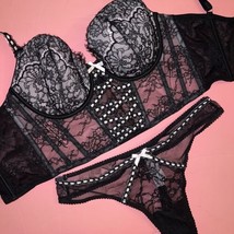 Nwt Victoria&#39;s Secret 38D Xl Corset Top Bra Set Xxl Thong Black Lace Pink Ribbon - $79.19