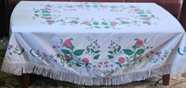 Vintage Hand Painted Linen Tablecloth with fringe Pink Green 47x70 - £15.81 GBP