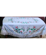 Vintage Hand Painted Linen Tablecloth with fringe Pink Green 47x70 - £15.52 GBP